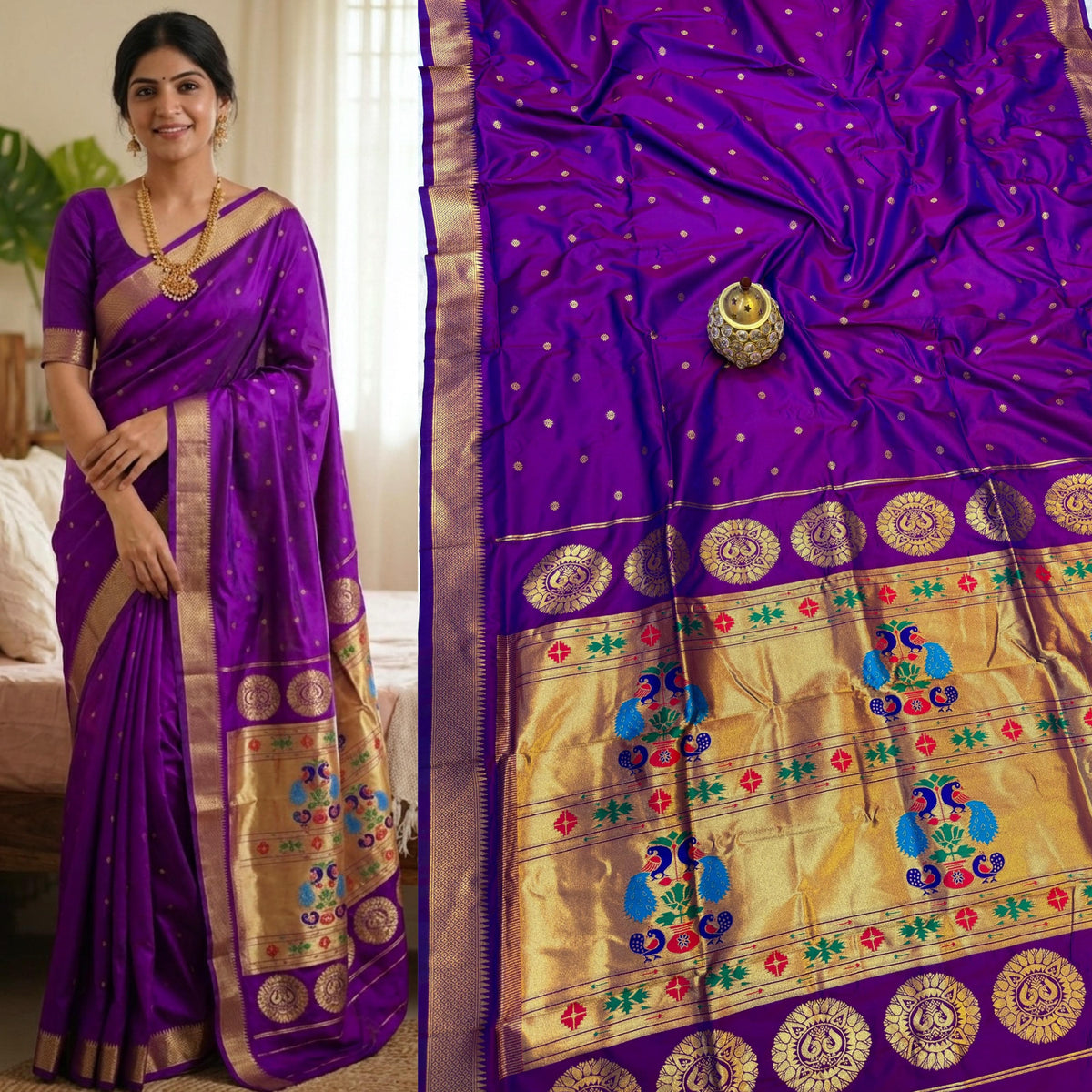 Violet Maharani Paithani Silk Saree with Peacock Pallu – Pure Zari Weave
