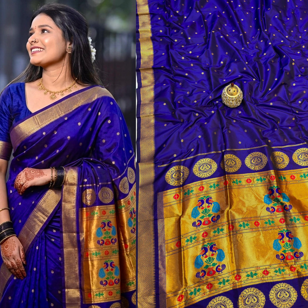 Royal Blue Maharani Paithani Silk Saree with Peacock Pallu – Pure Zari Weave