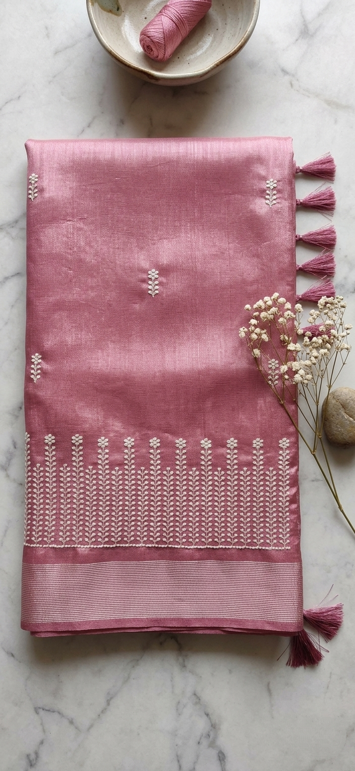 Blush Pink Chanderi Cotton Saree — White Floral Embroidery
