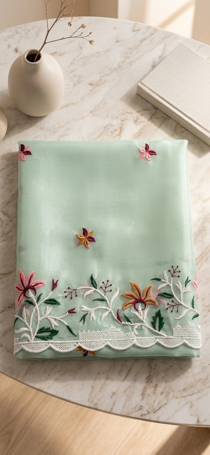 Mint Green Organza Saree — Multicolour Floral Embroidery