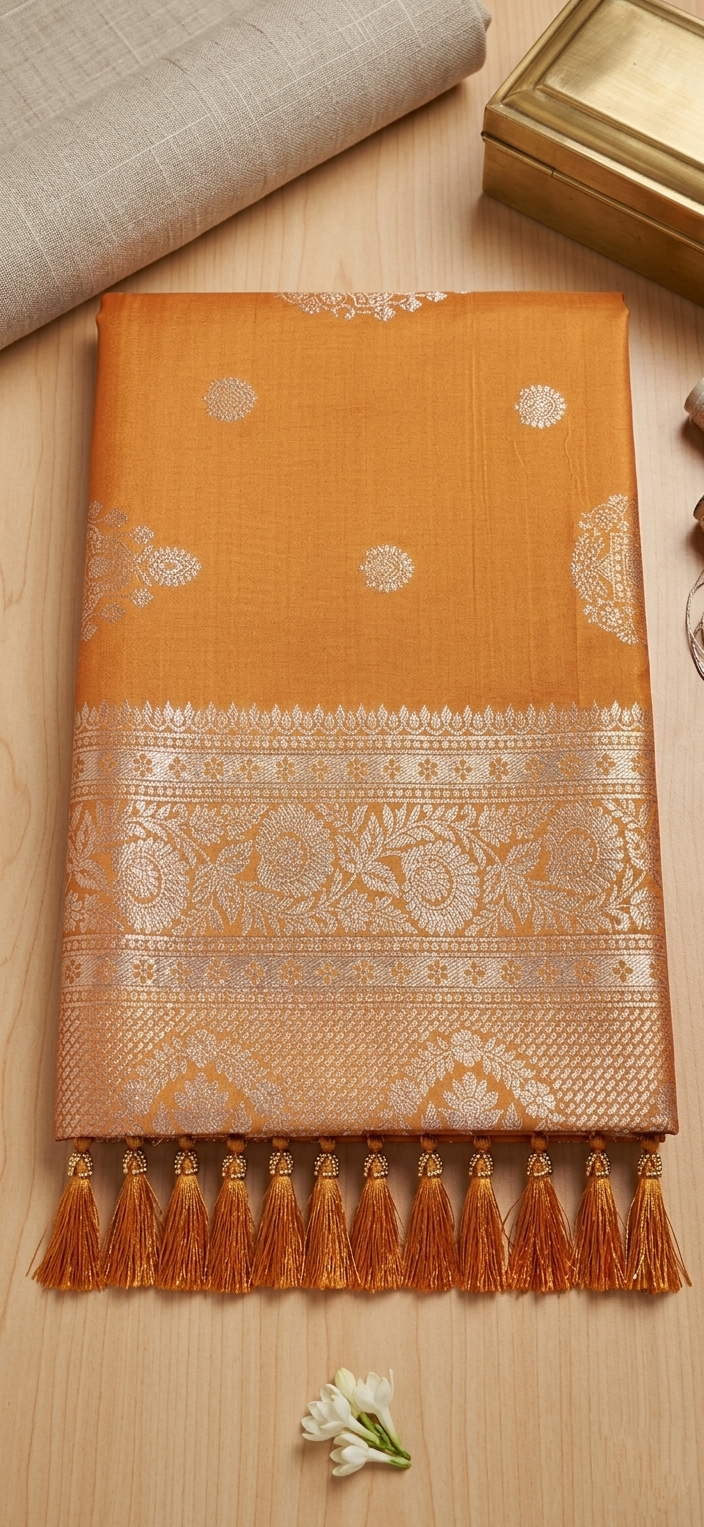 Mustard Banarasi Silk Saree with Silver Zari & Tassels