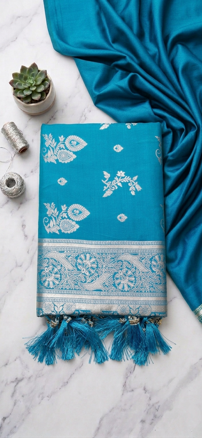 Turquoise Soft Silk Saree with Silver Zari & Tassels