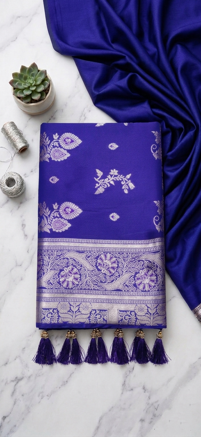 Royal Blue Soft Silk Saree with Silver Zari & Ghungroo Tassels