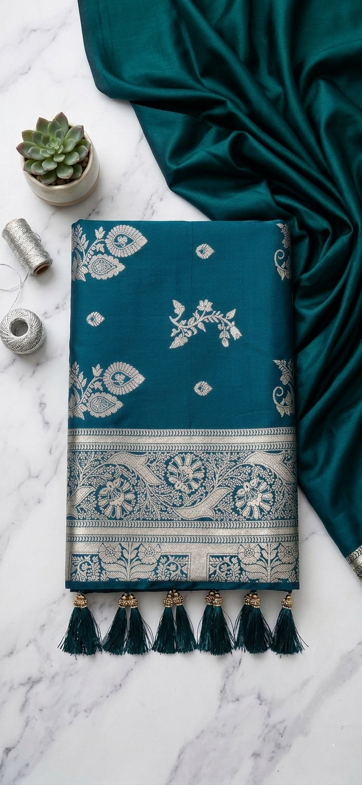 Teal Green Soft Silk Saree with Silver Zari & Ghungroo Tassels