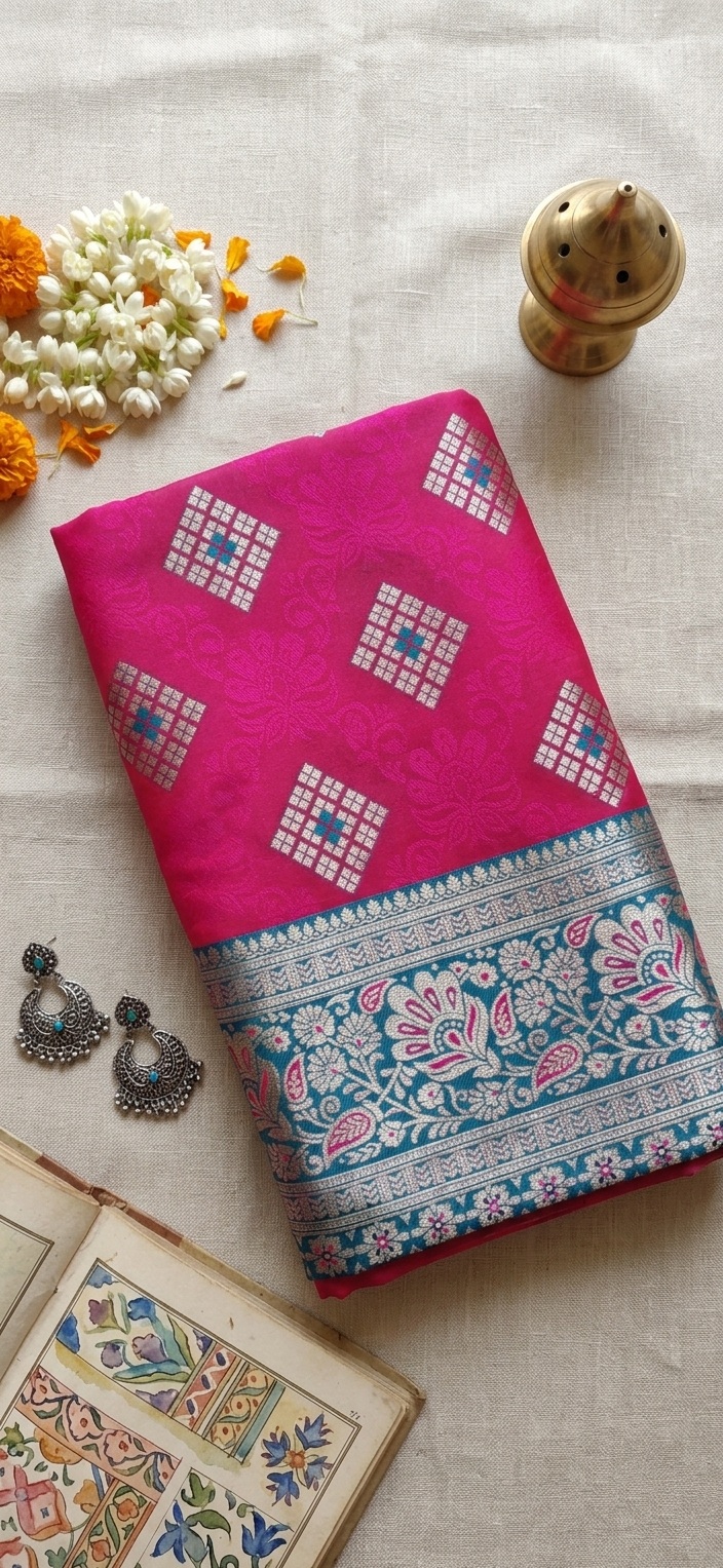 Hot Pink Meenakari Silk Saree with Teal Contrast Border