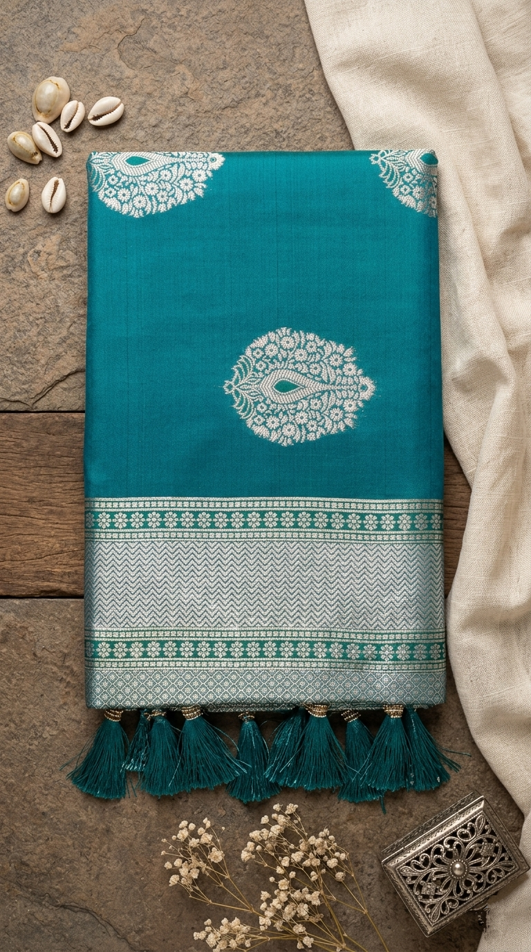 Teal Green Silk Saree with Peacock Zari Bootis & Chevron Border
