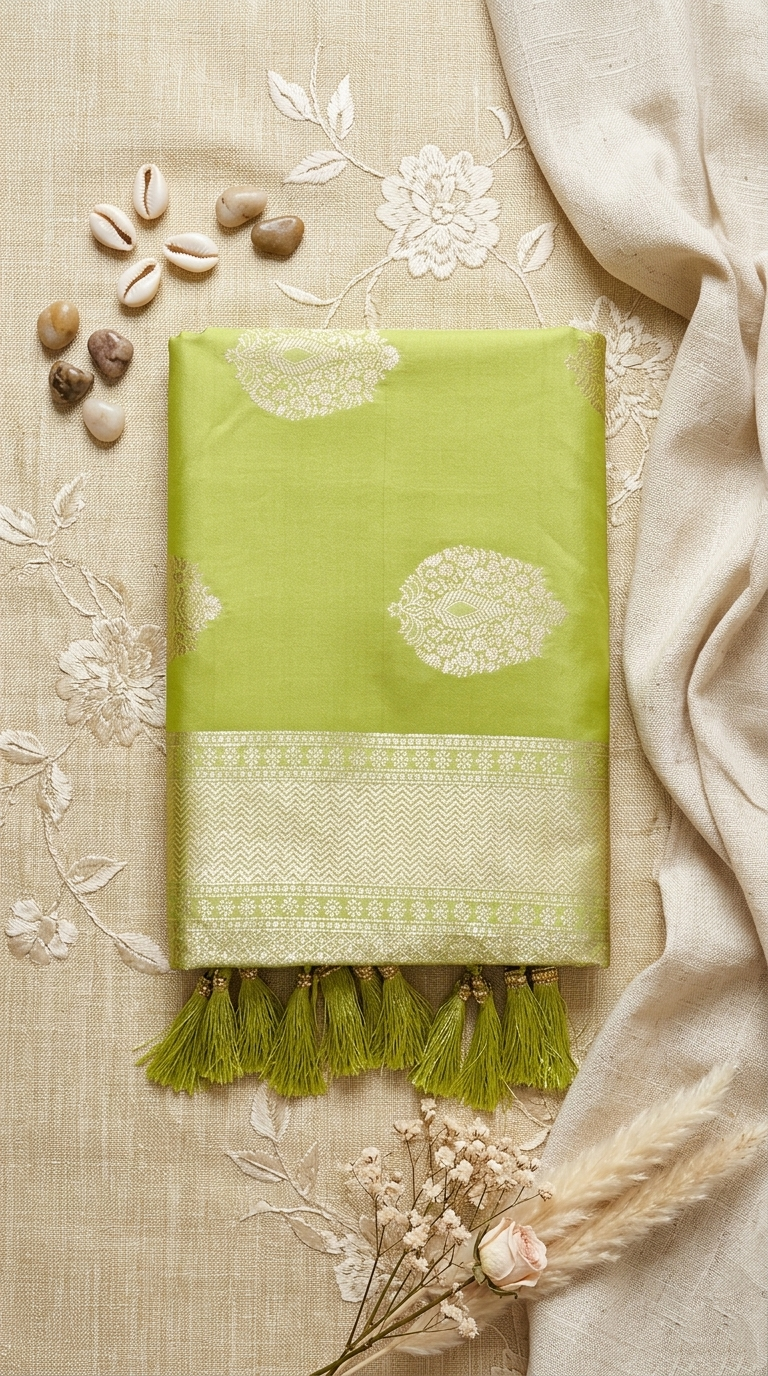 Parrot Green Silk Saree with Peacock Zari Bootis & Chevron Border