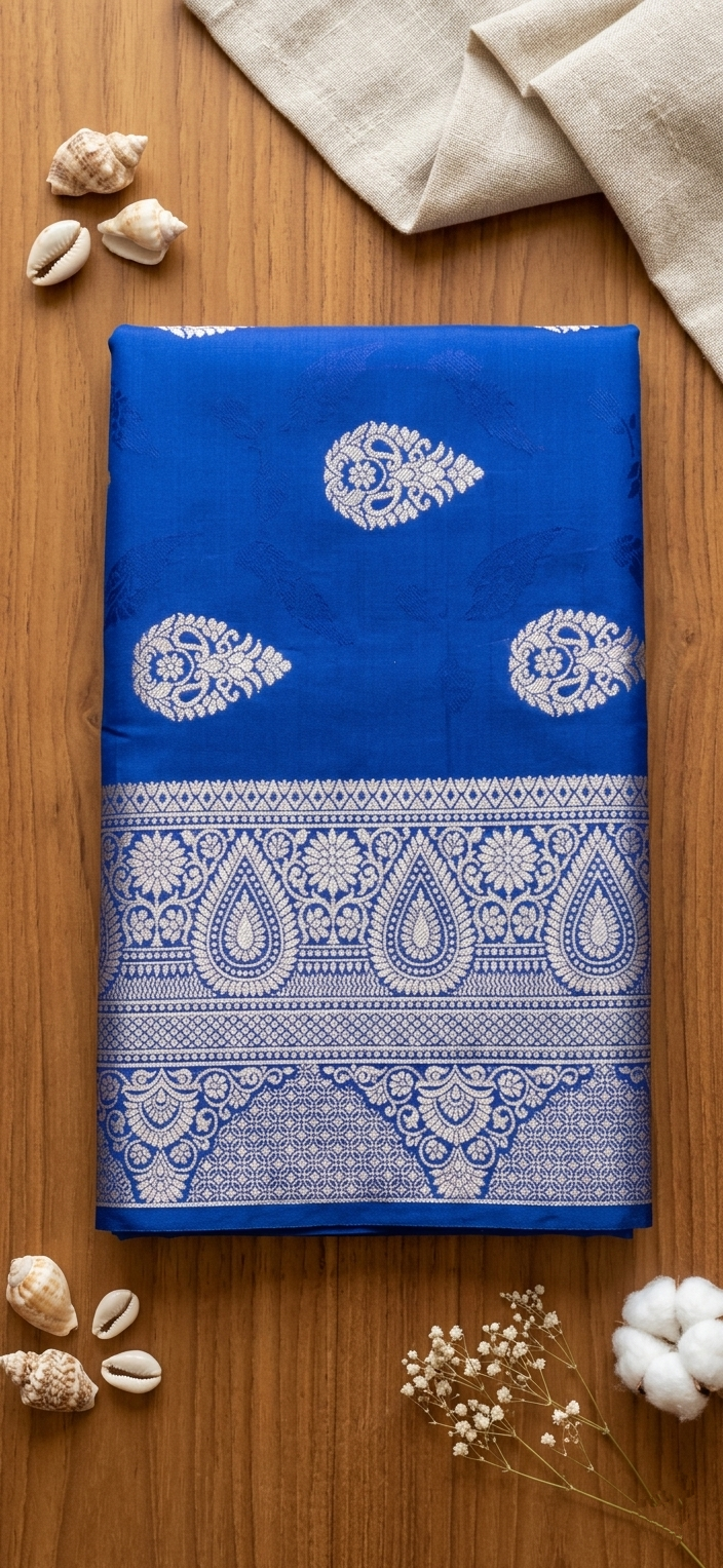 Cobalt Blue Banarasi Silk Saree with Heavy Silver Zari Border