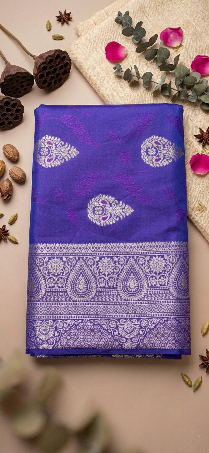 Royal Purple Banarasi Silk Saree with Silver Zari Butis