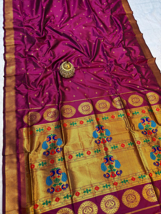 Magenta Maharani Paithani Silk Saree with Peacock Pallu – Pure Zari Weave