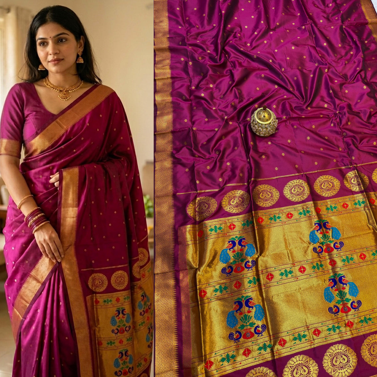 Magenta Maharani Paithani Silk Saree with Peacock Pallu – Pure Zari Weave
