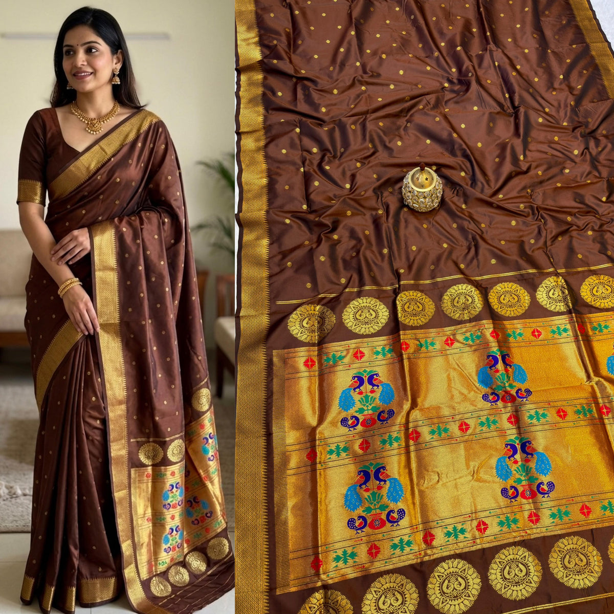 Coffee Brown Maharani Paithani Silk Saree with Peacock Pallu – Pure Zari Weave