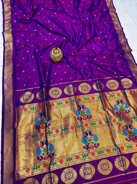 Violet Maharani Paithani Silk Saree with Peacock Pallu – Pure Zari Weave