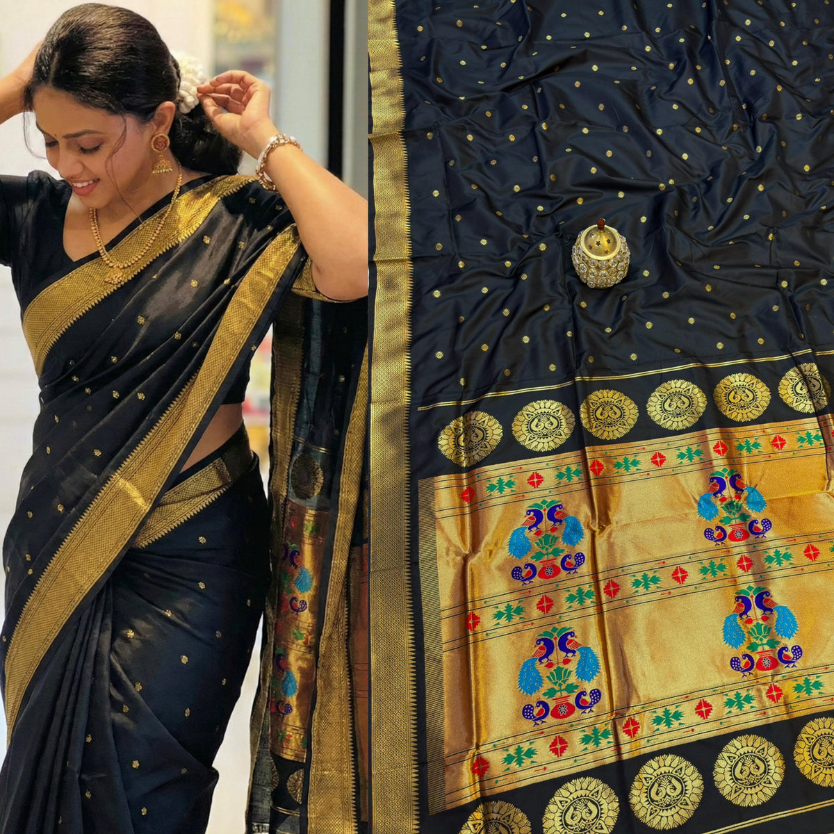 Black Maharani Paithani Silk Saree with Peacock Pallu – Pure Zari Weave