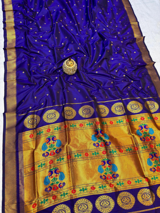 Royal Blue Maharani Paithani Silk Saree with Peacock Pallu – Pure Zari Weave
