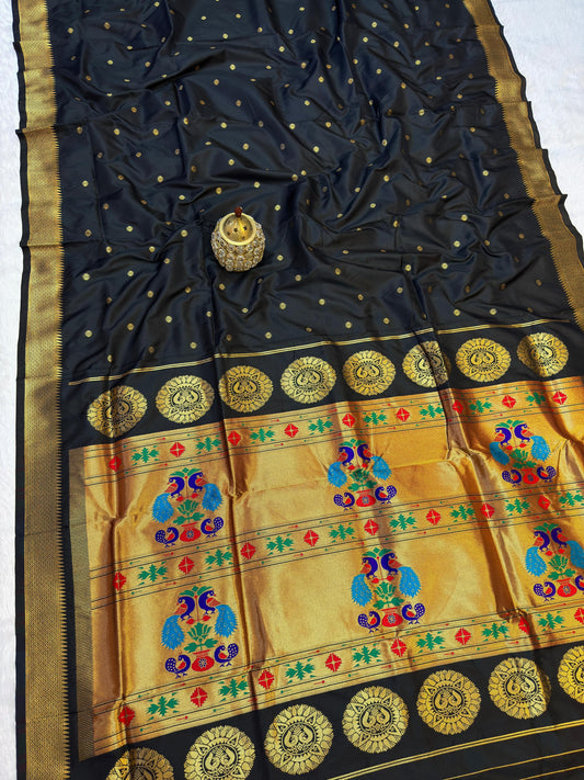 Black Maharani Paithani Silk Saree with Peacock Pallu – Pure Zari Weave