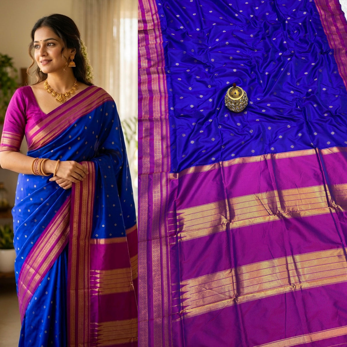 Avika Narayani Paithani Silk Saree – Royal Blue & Purple with Erkal Temple Border