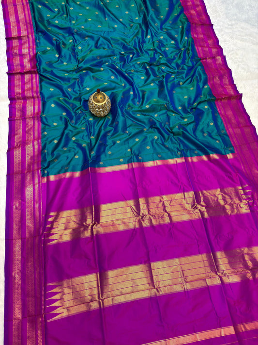 Avika Narayani Paithani Silk Saree – Teal & Magenta with Erkal Temple Border