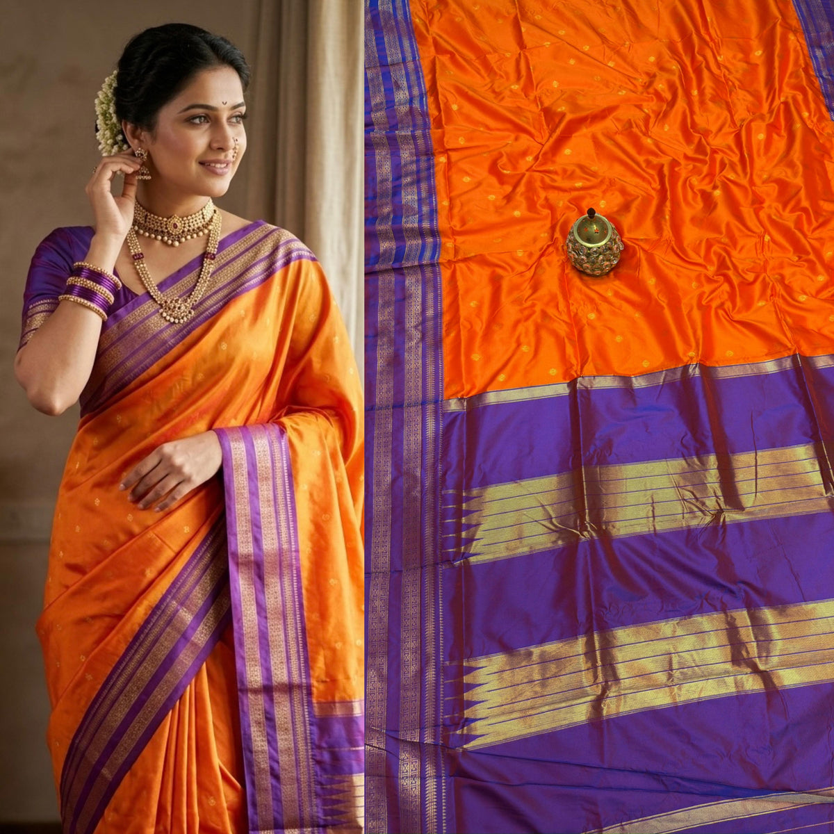 Avika Narayani Paithani Silk Saree – Orange & Purple with Erkal Temple Border