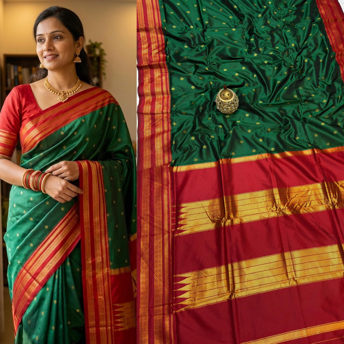 Avika Narayani Paithani Silk Saree – Green & Red with Erkal Temple Border