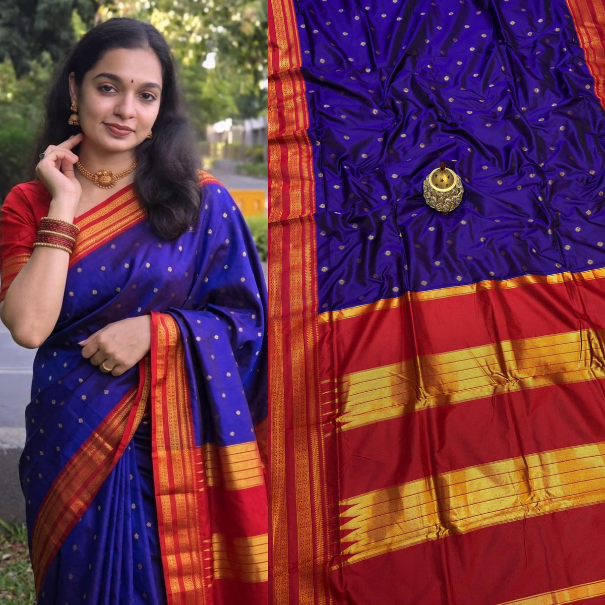 Avika Narayani Paithani Silk Saree – Royal Blue & Red with Erkal Temple Border