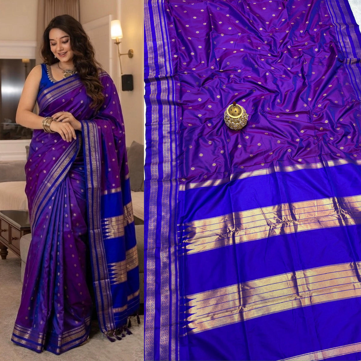 Avika Narayani Paithani Silk Saree – Purple & Royal Blue with Erkal Temple Border