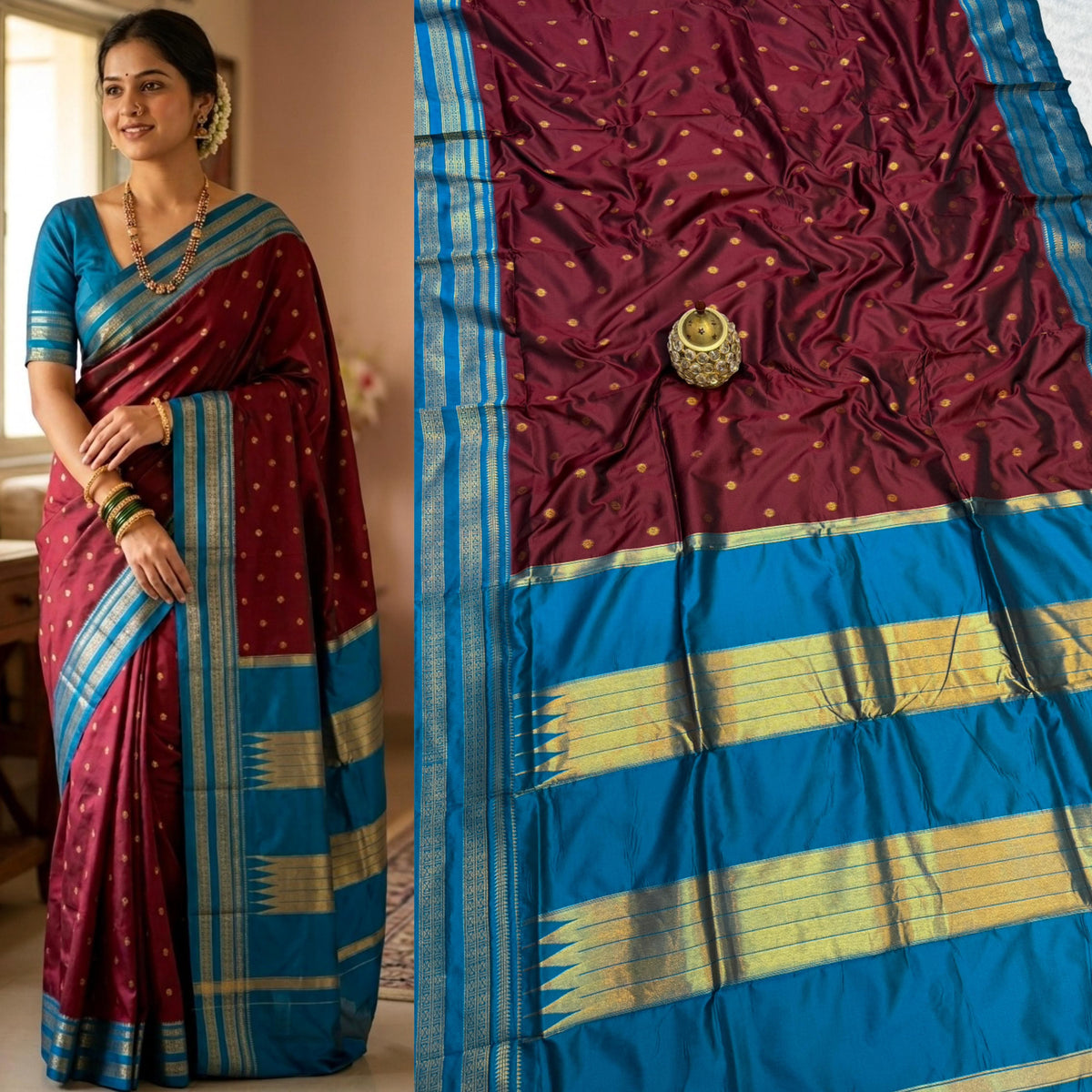 Avika Narayani Paithani Silk Saree – Maroon & Blue with Erkal Temple Border