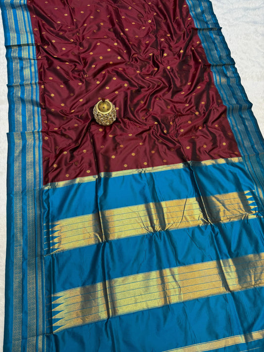 Avika Narayani Paithani Silk Saree – Maroon & Blue with Erkal Temple Border