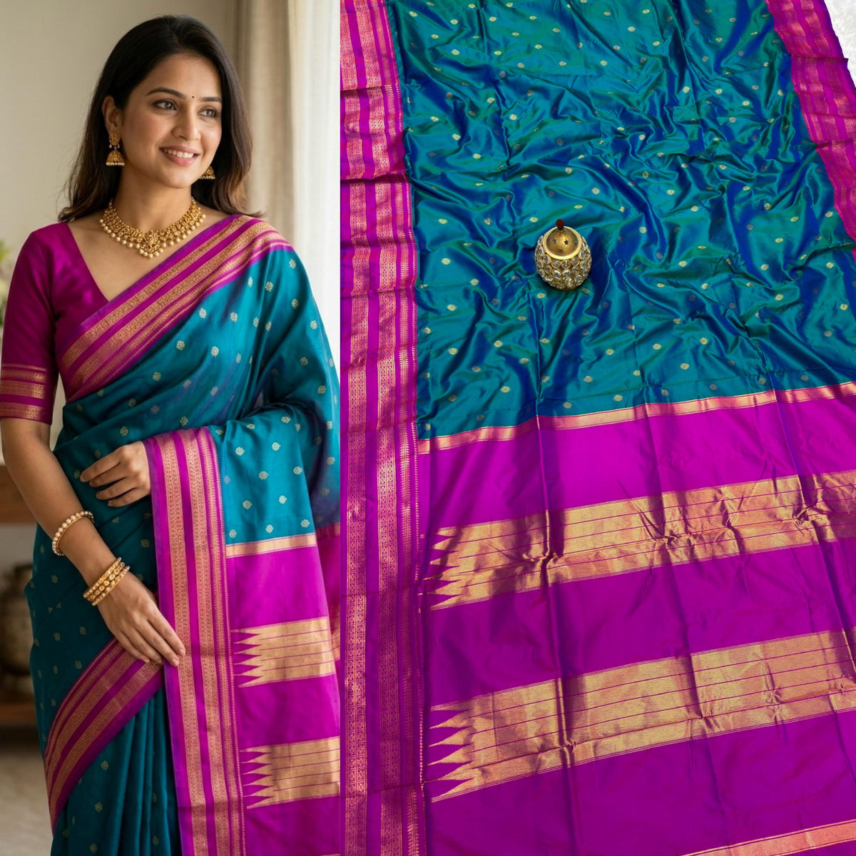 Avika Narayani Paithani Silk Saree – Teal & Magenta with Erkal Temple Border