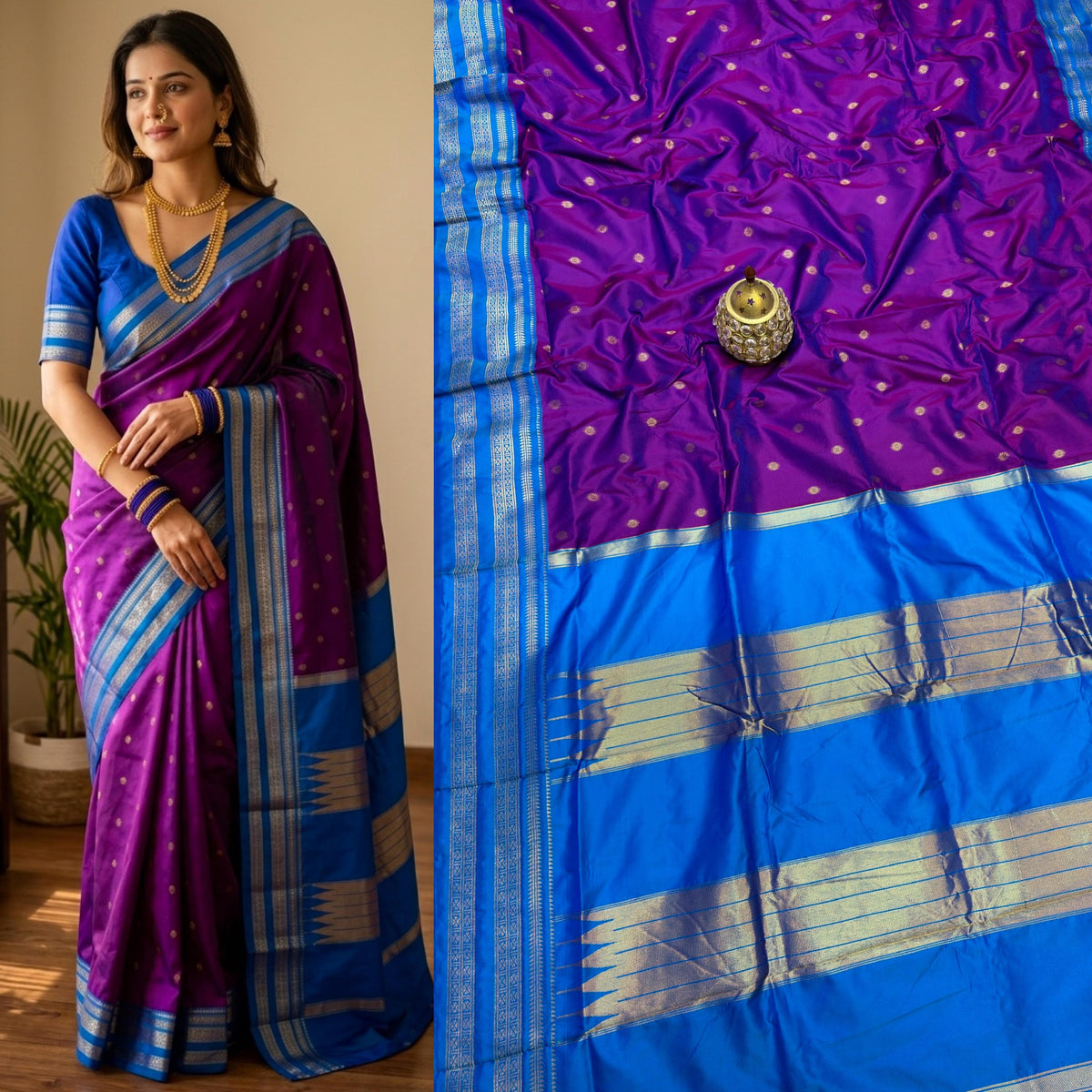 Avika Narayani Paithani Silk Saree – Purple & Sky Blue with Erkal Temple Border