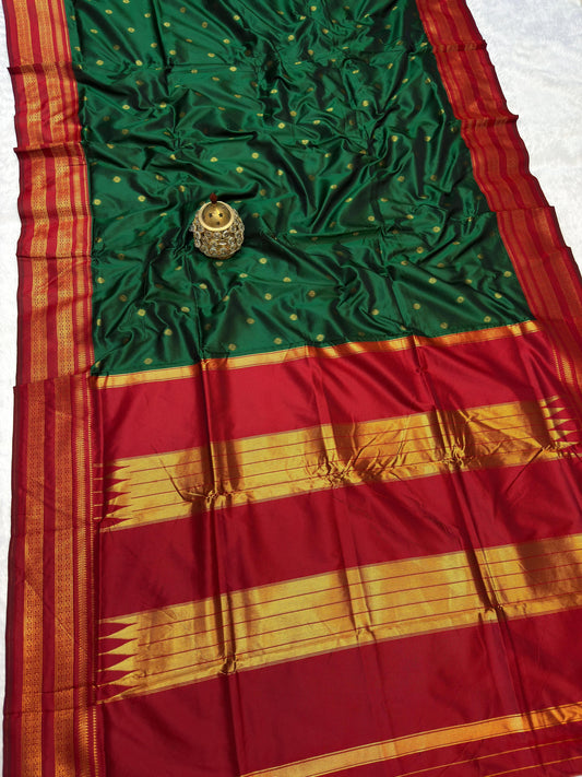 Avika Narayani Paithani Silk Saree – Green & Red with Erkal Temple Border