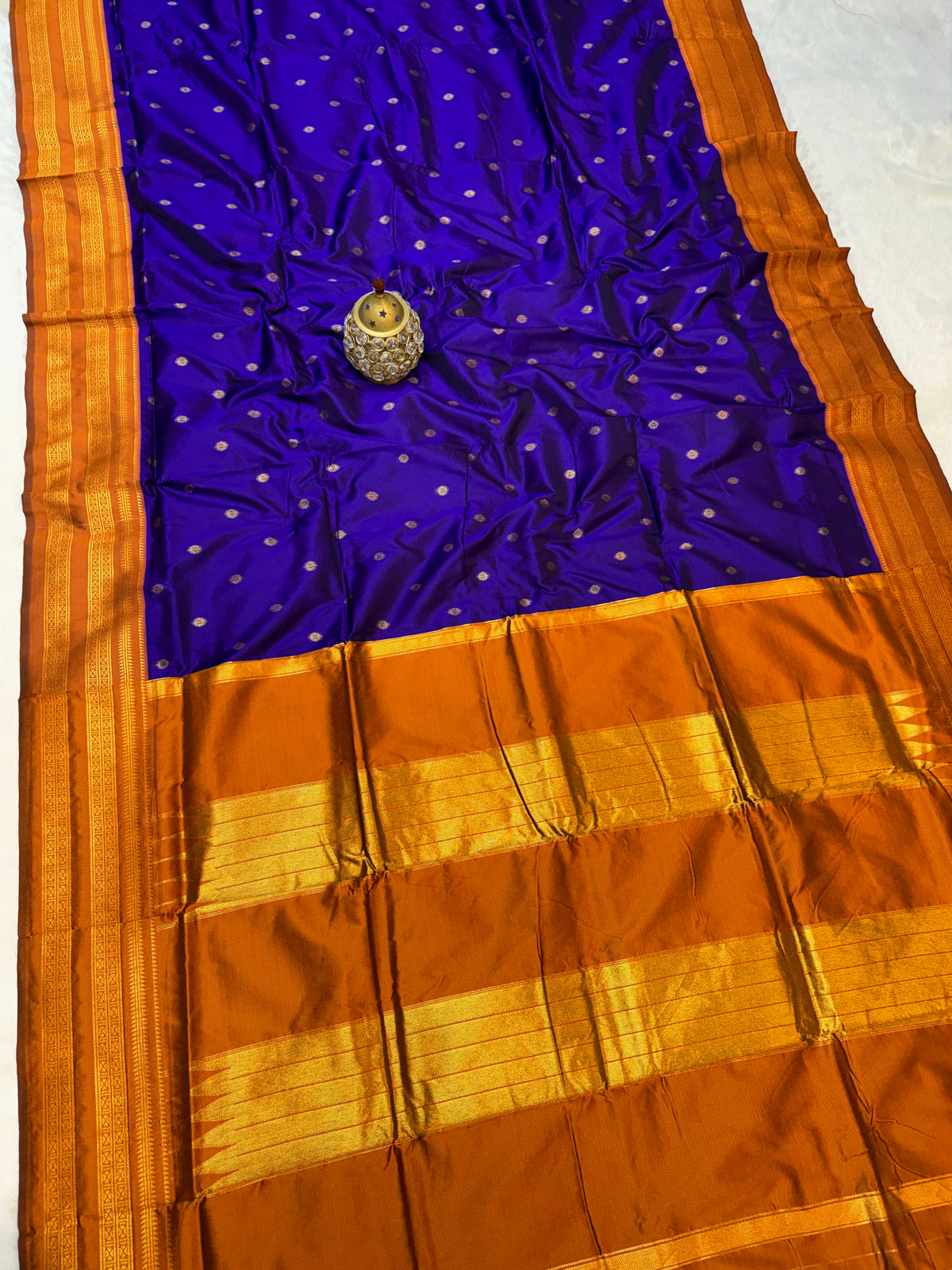Avika Narayani Paithani Silk Saree – Royal Blue & Rust Orange with Erkal Temple Border