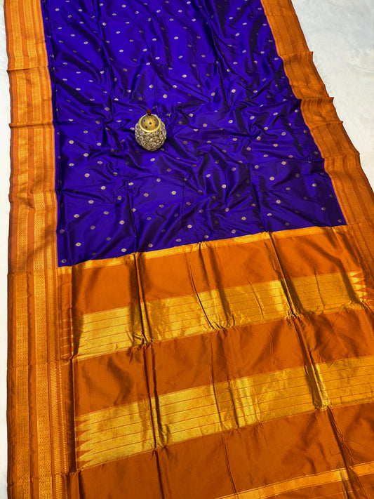 Avika Narayani Paithani Silk Saree – Royal Blue & Rust Orange with Erkal Temple Border