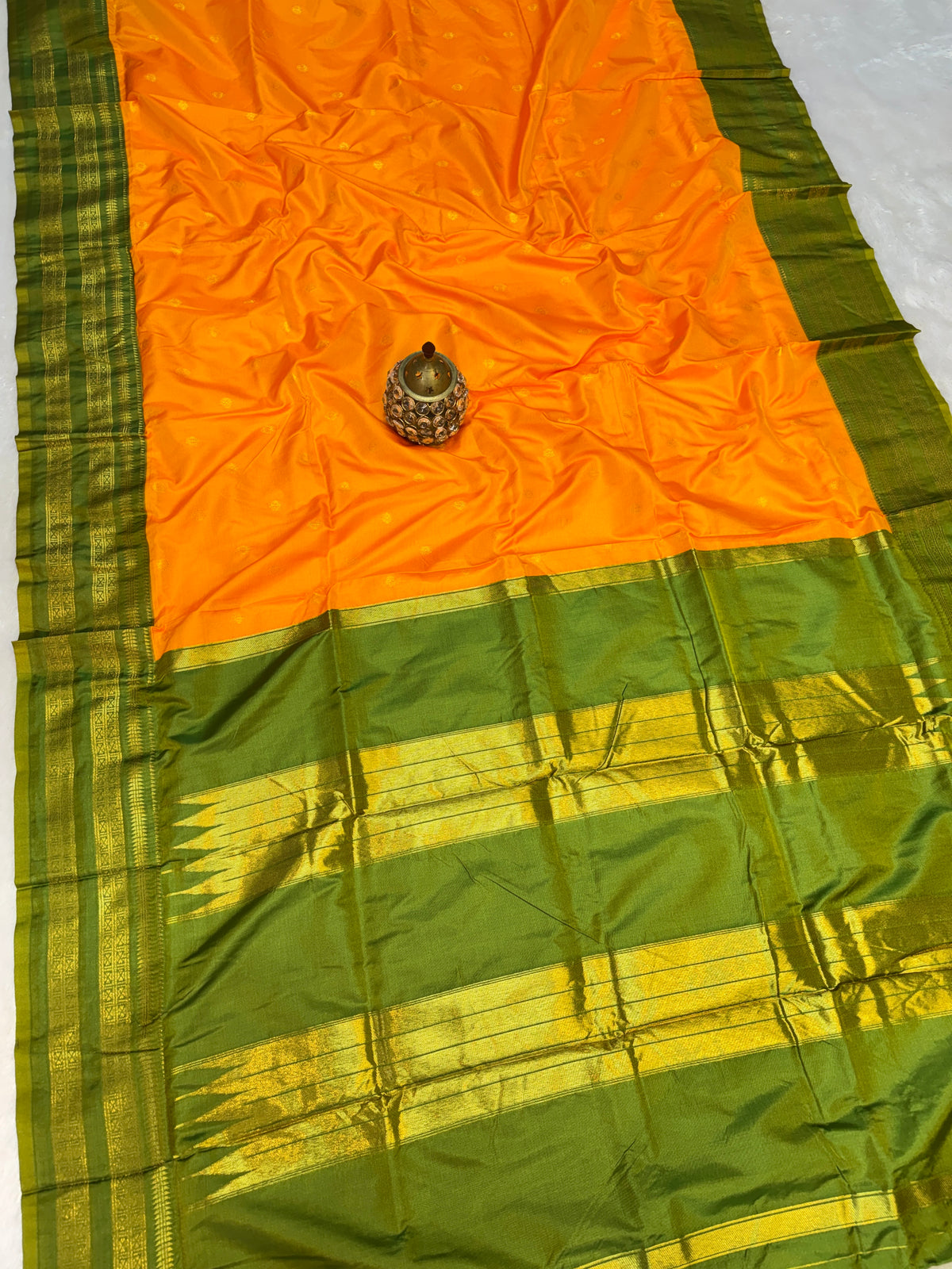 Avika Narayani Paithani Silk Saree – Yellow-Orange & Green with Erkal Temple Border