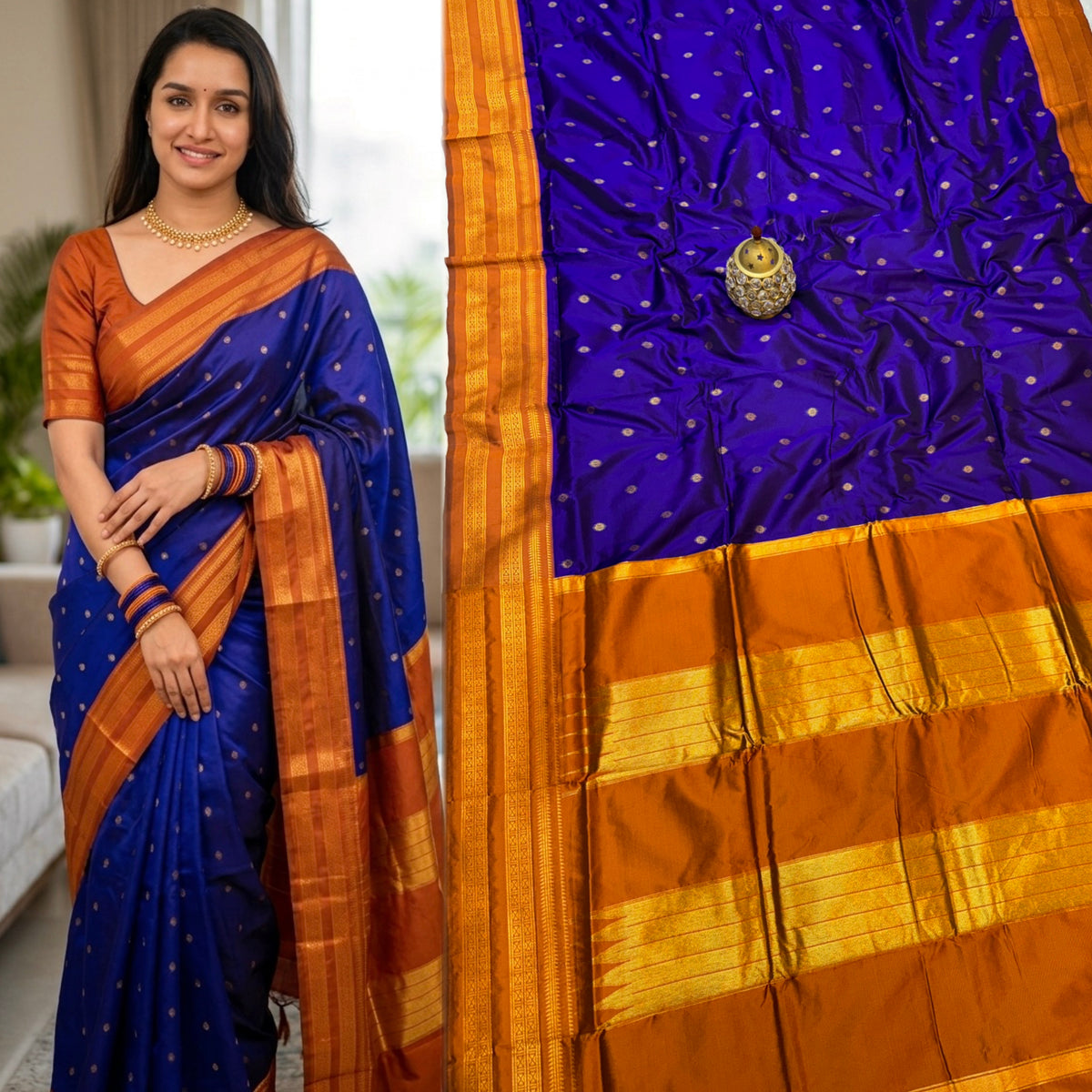 Avika Narayani Paithani Silk Saree – Royal Blue & Rust Orange with Erkal Temple Border