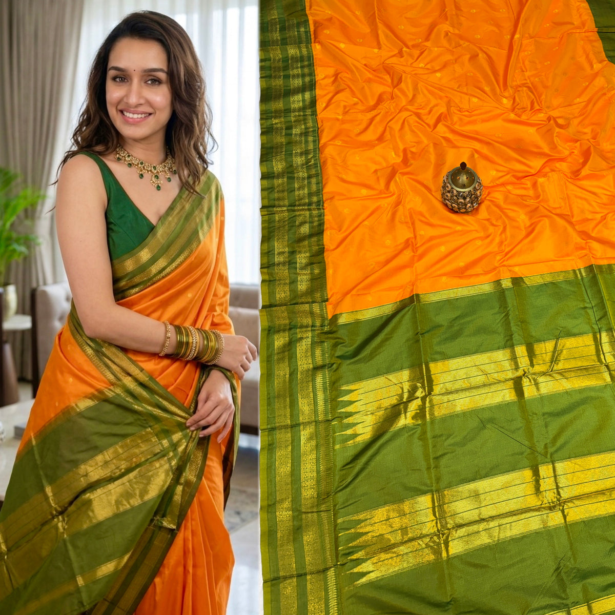 Avika Narayani Paithani Silk Saree – Yellow-Orange & Green with Erkal Temple Border