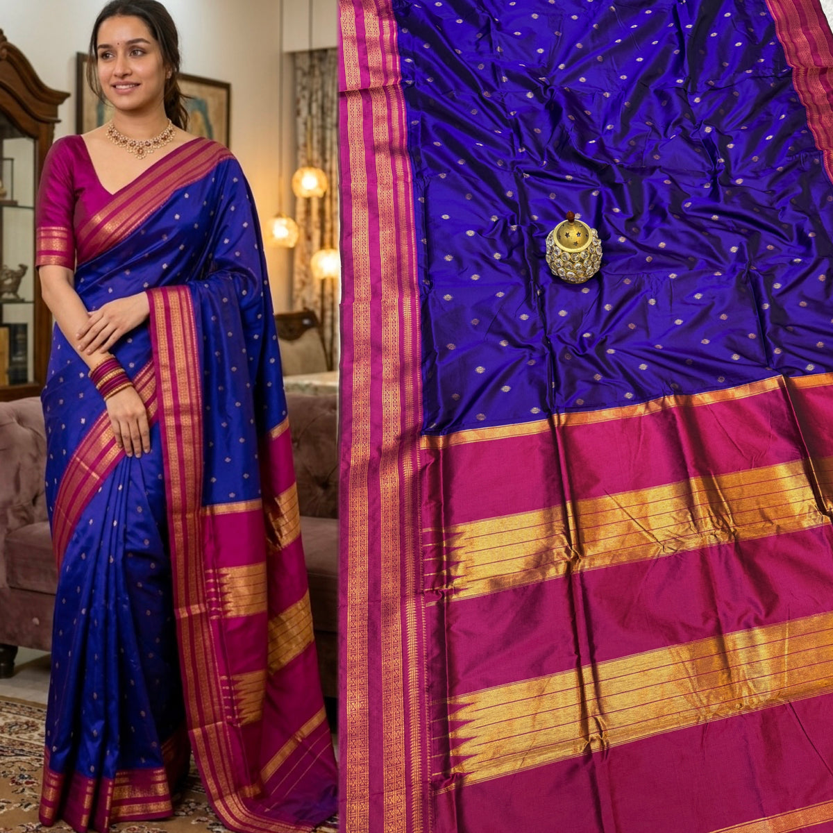 Avika Narayani Paithani Silk Saree – Royal Blue & Magenta with Erkal Temple Border