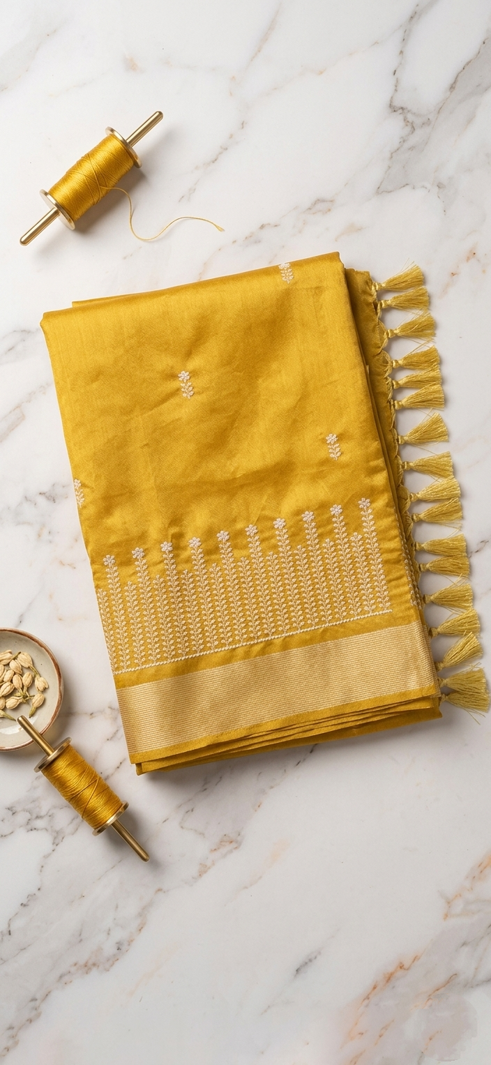 Mustard Yellow Chanderi Cotton Saree — White Floral Embroidery