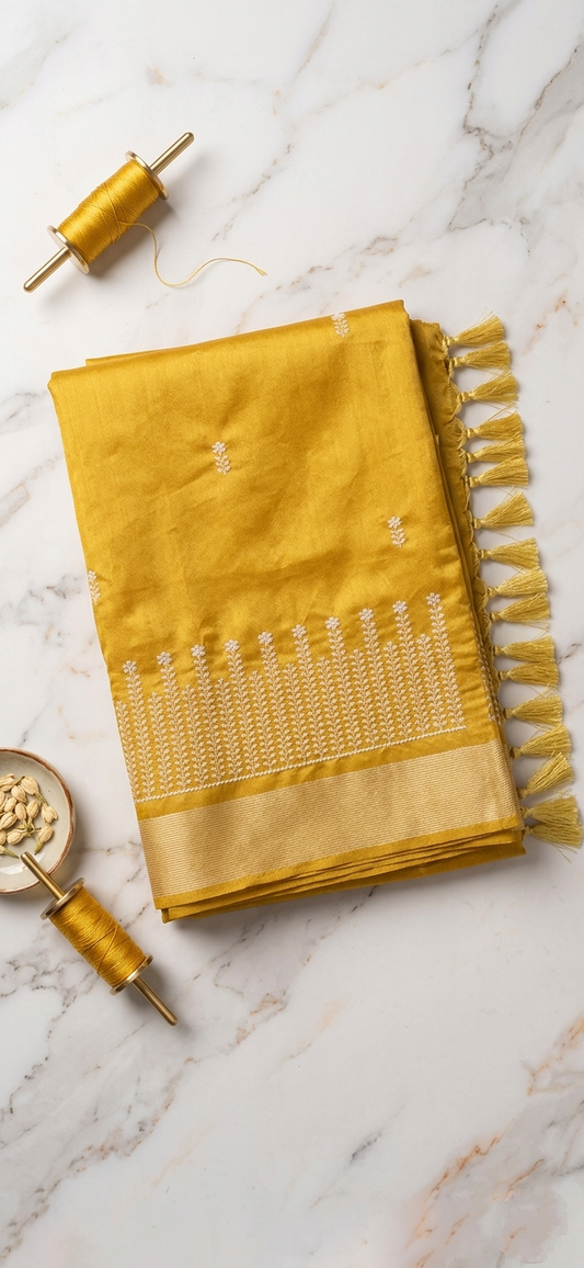 Mustard Yellow Chanderi Cotton Saree — White Floral Embroidery