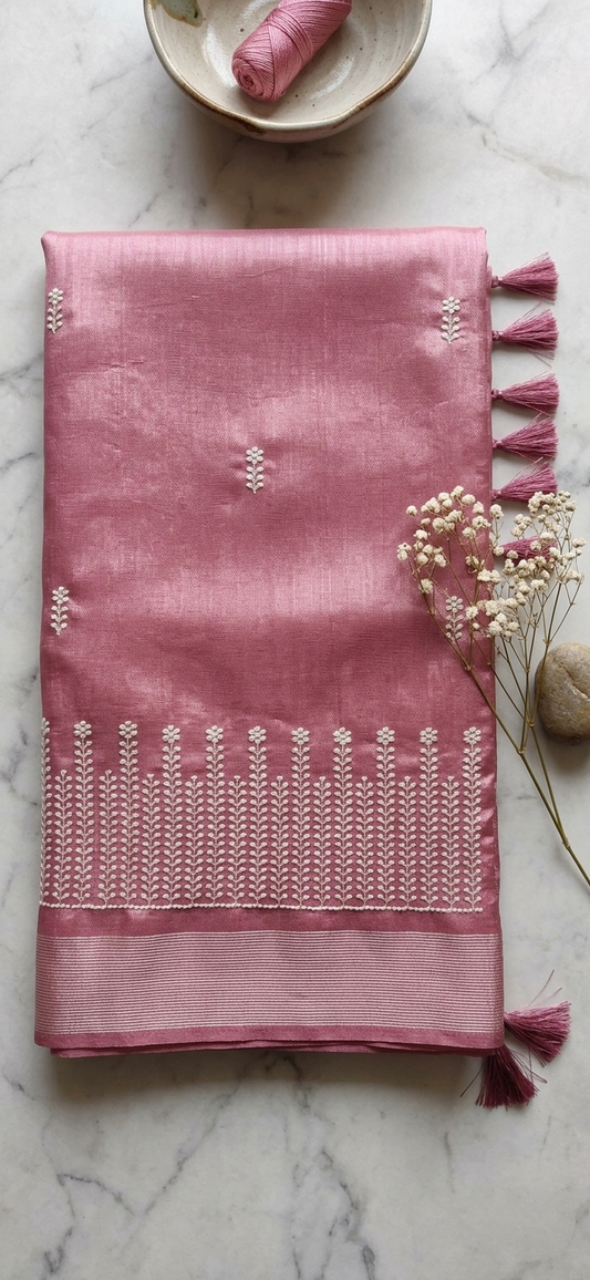 Blush Pink Chanderi Cotton Saree — White Floral Embroidery