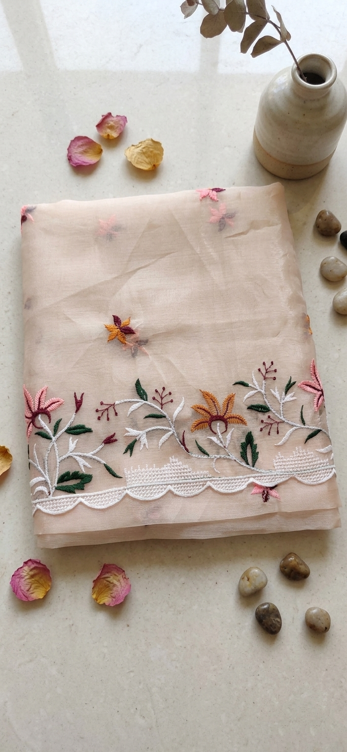 Peach Organza Saree — Multicolour Floral Embroidery