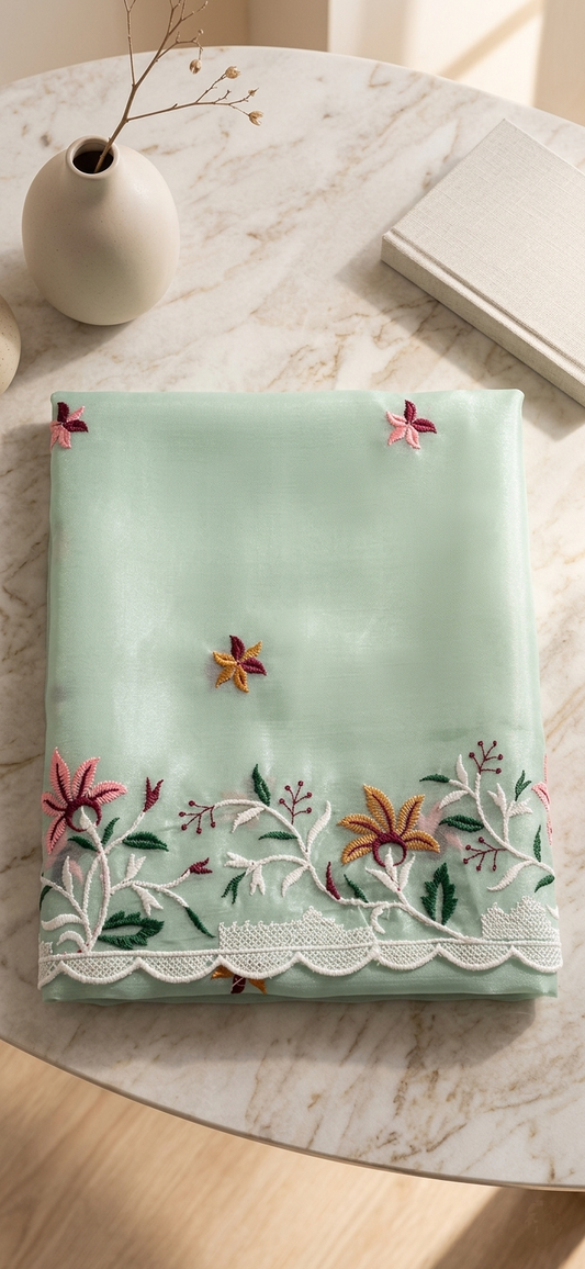 Mint Green Organza Saree — Multicolour Floral Embroidery