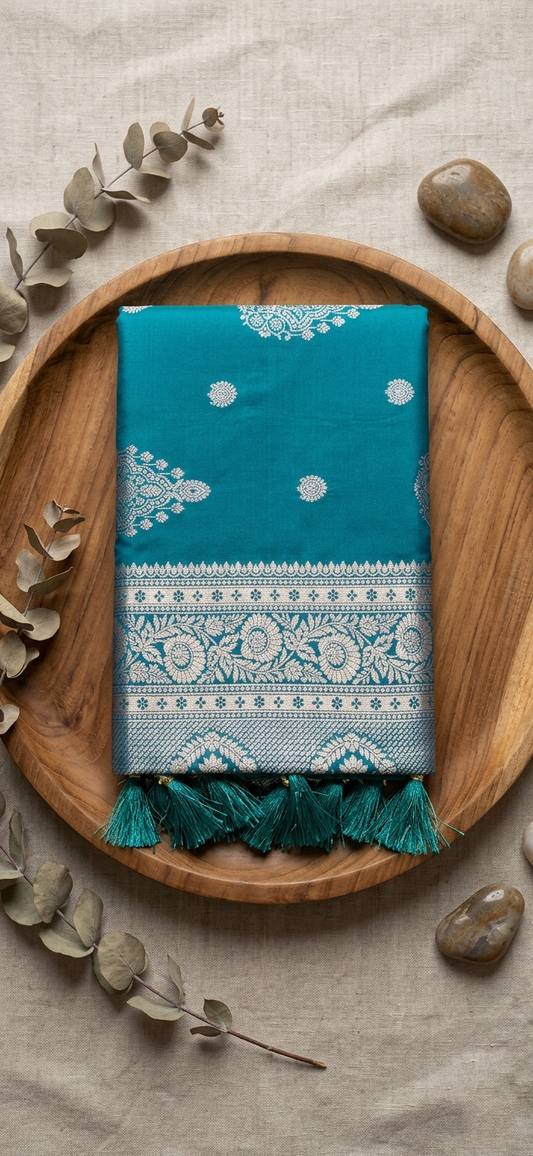 Teal Banarasi Silk Saree with Silver Zari & Tassels