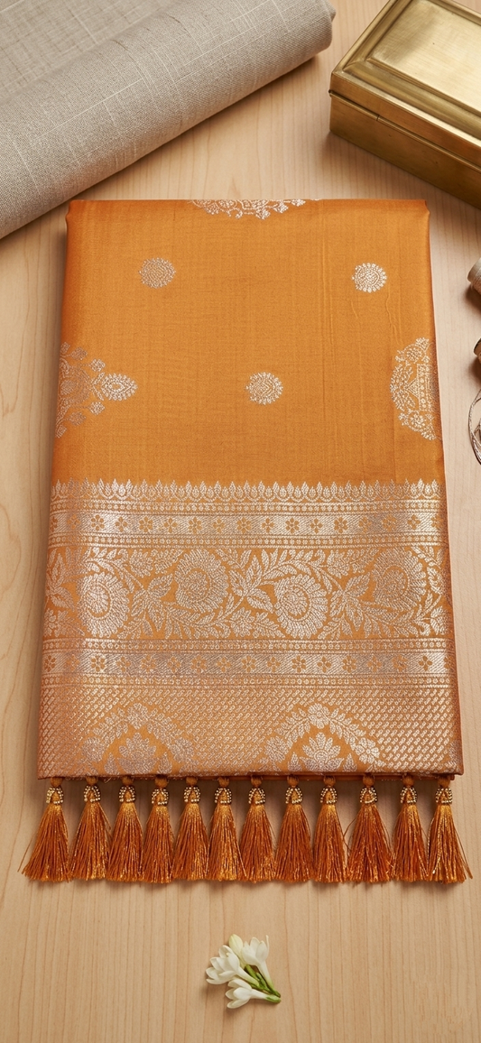 Mustard Banarasi Silk Saree with Silver Zari & Tassels