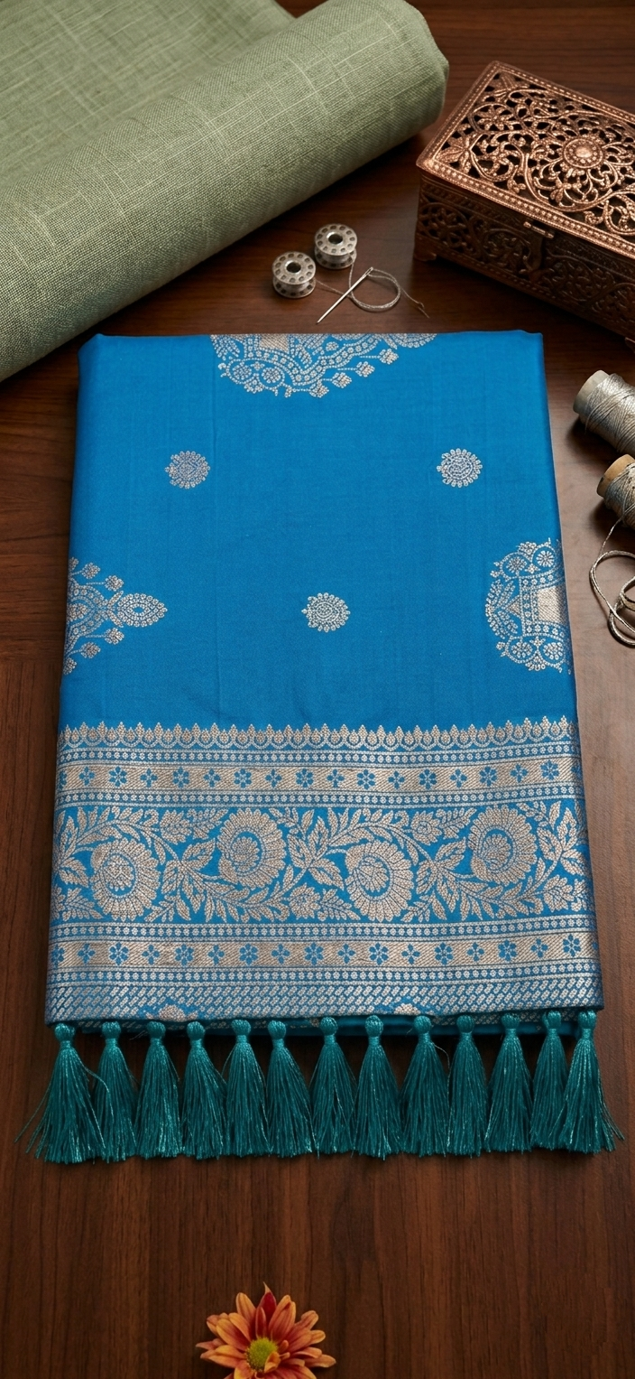 Sky Blue Banarasi Silk Saree with Gold & Silver Zari