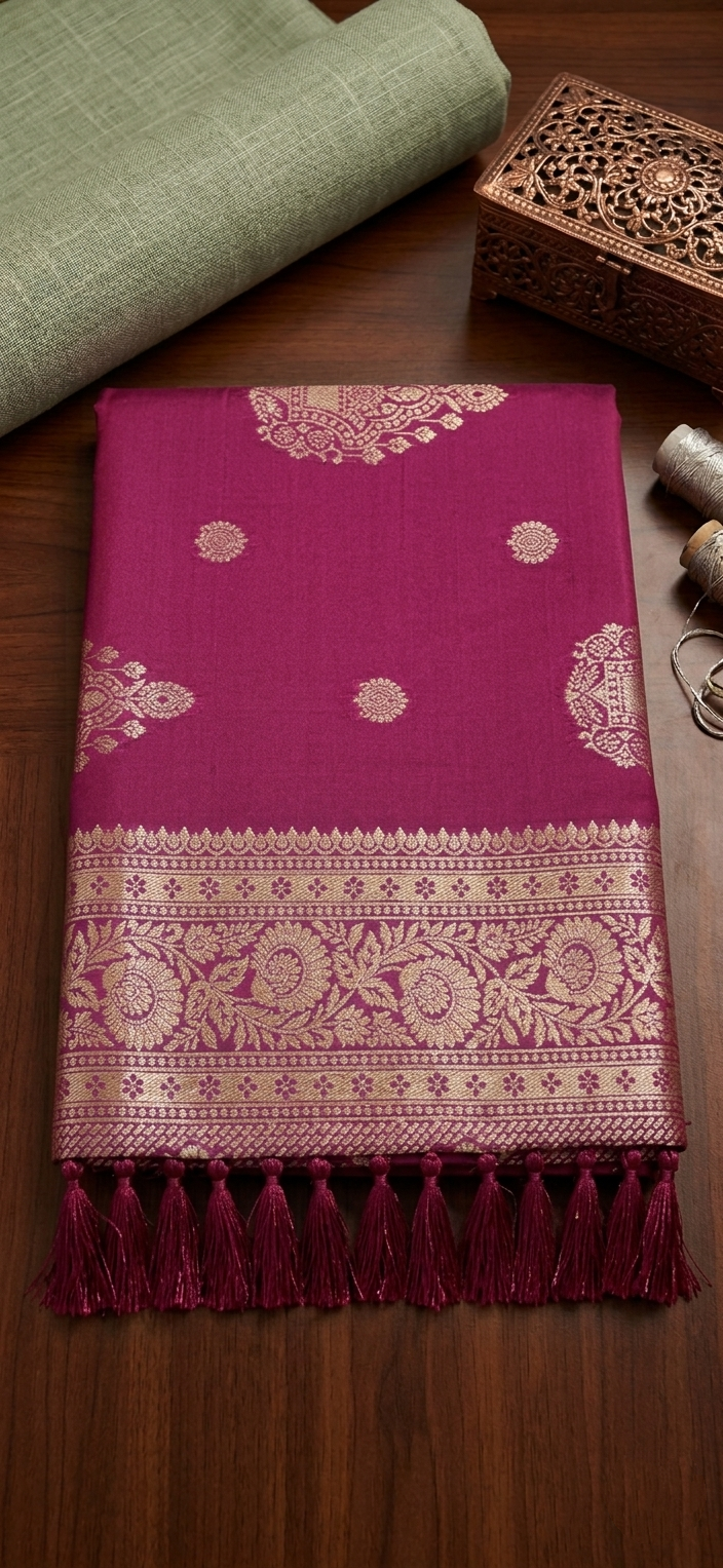 Magenta Banarasi Silk Saree with Gold Zari & Tassels