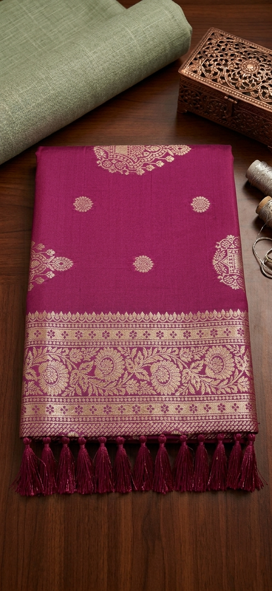 Magenta Banarasi Silk Saree with Gold Zari & Tassels