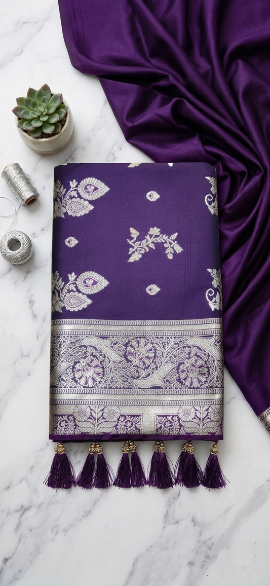 Deep Purple Soft Silk Saree with Silver Zari & Ghungroo Tassels