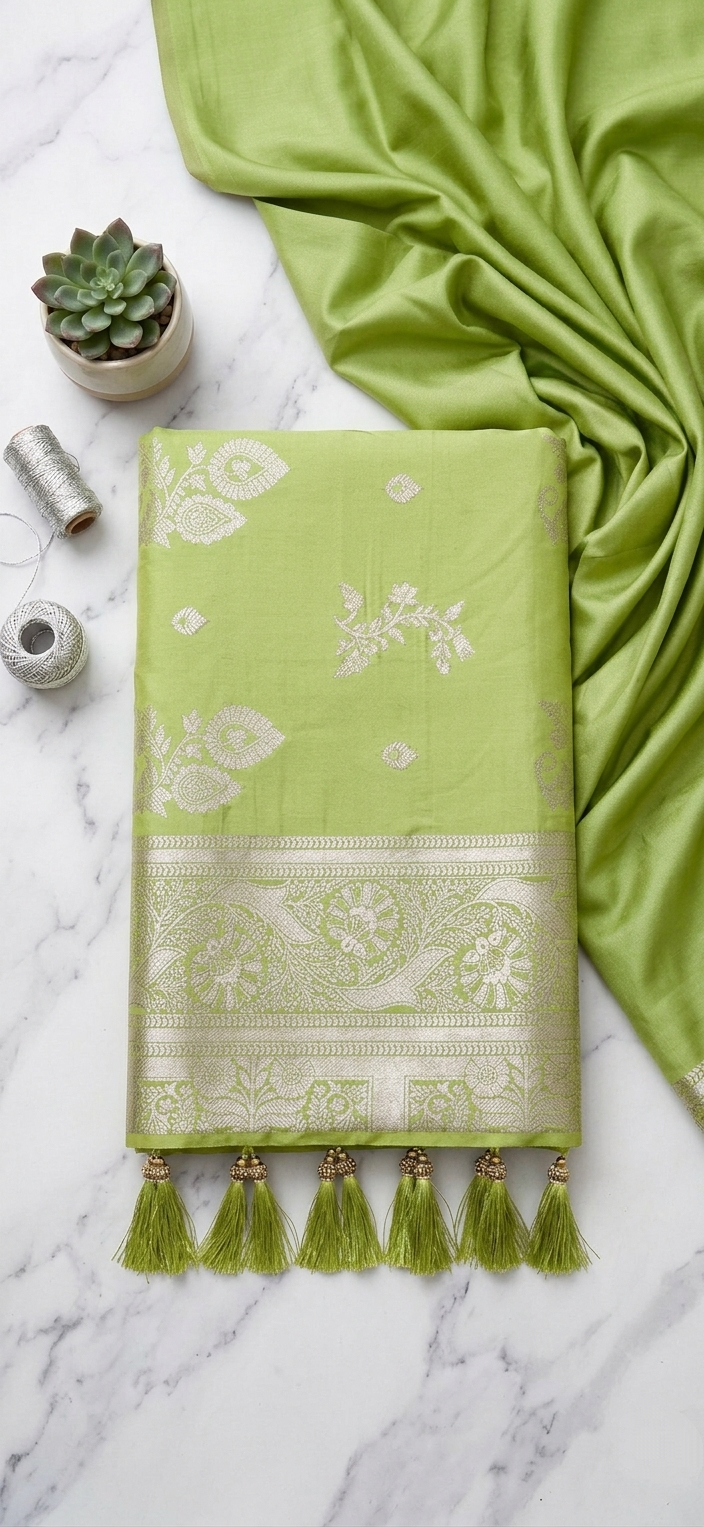 Parrot Green Soft Silk Saree with Silver Zari & Ghungroo Tassels