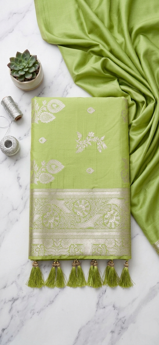 Parrot Green Soft Silk Saree with Silver Zari & Ghungroo Tassels